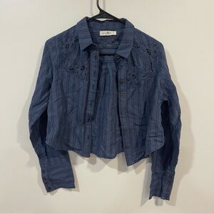 Natural Life Ana Lace Button Down Crop Top S Navy Long Sleeve Cotton Linen